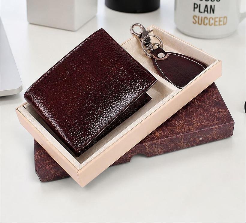 Glossy Leather Wallet & Keychain Set