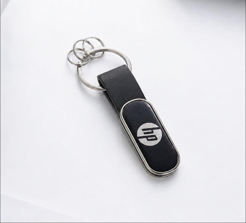 Curved Leather Keychain with Metal Plate