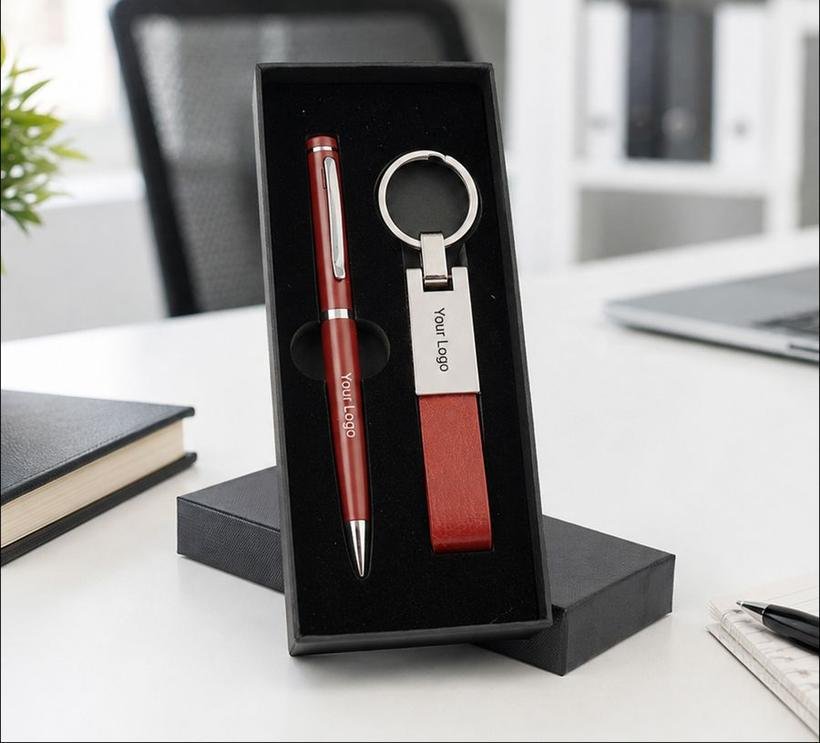 Leather Strap Keychain & Pen Gift Set