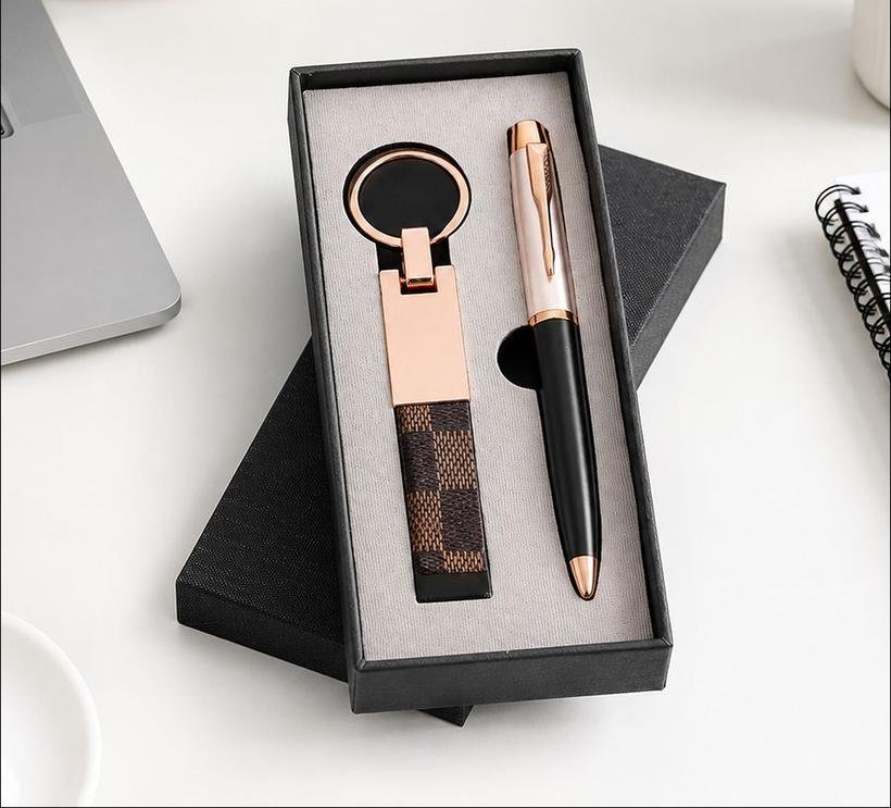 Rose Gold Pen & Checked Keychain Set